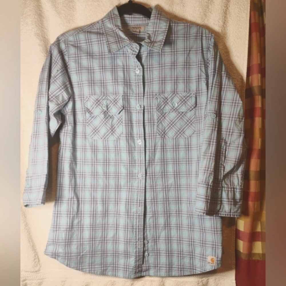 Carhartt Womens Shirt Size Large Button Up Blue  Red Plaid 3/4 Sleeve shirt
